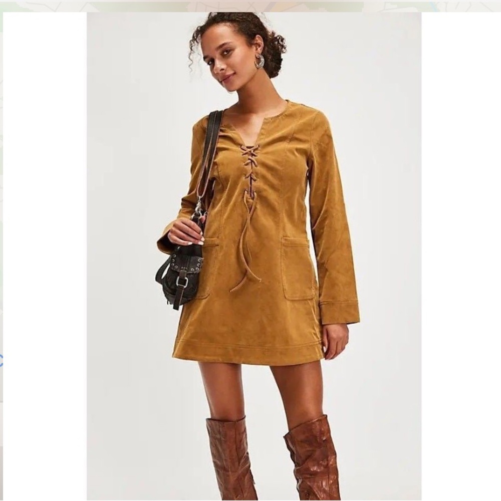 Free People Bradley Faux Suede Mini Dress Tobacco brown Tan‎ fall new small boho